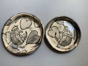 2 Ceramic Kitty Cat Heart Plates