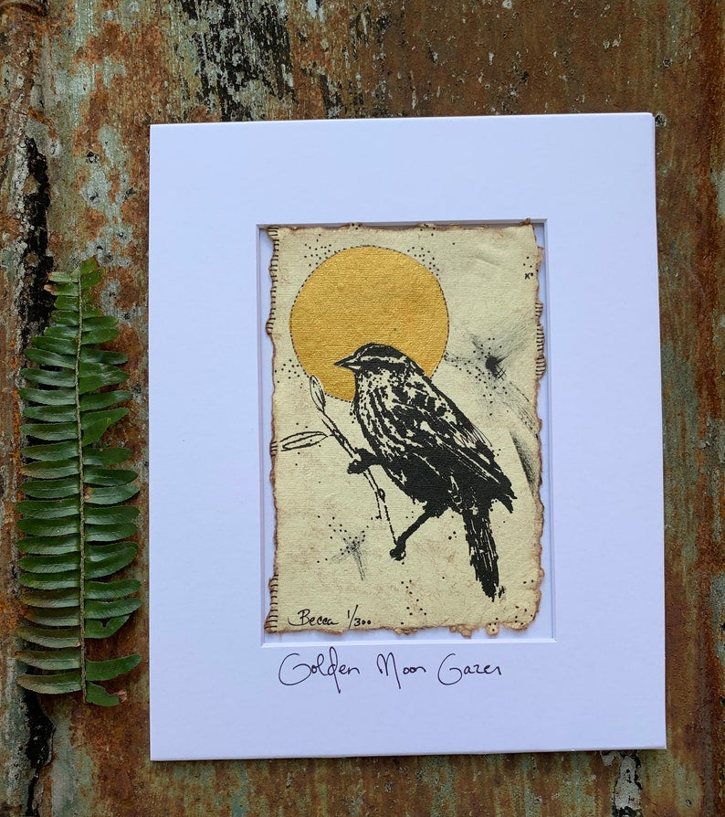 Golden Moon Serene Bird - Original Painting & Print