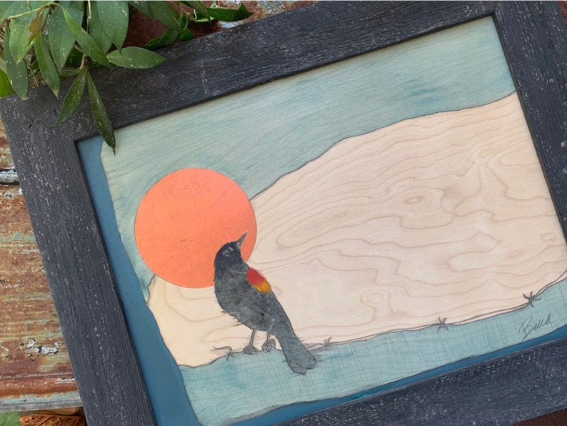 Red Winged Blackbird Copper Moon - Original Painting