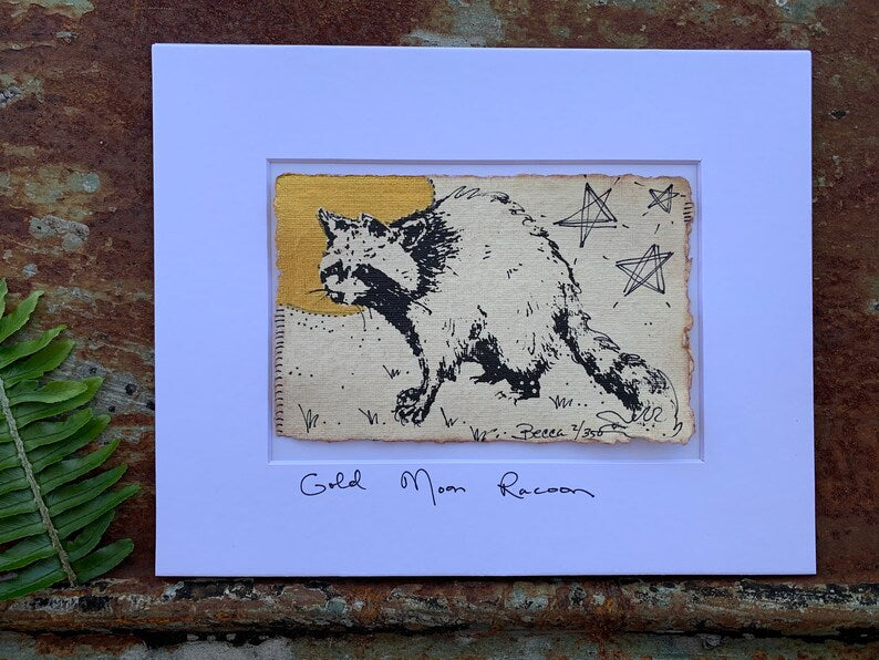 Golden Moon Starry Night Raccoon - Original Painting & Print
