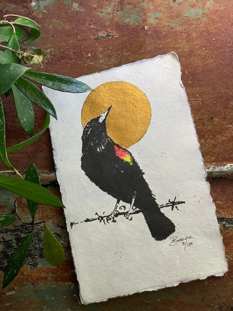 Red Winged Black Bird Golden Moon - Original Painting
