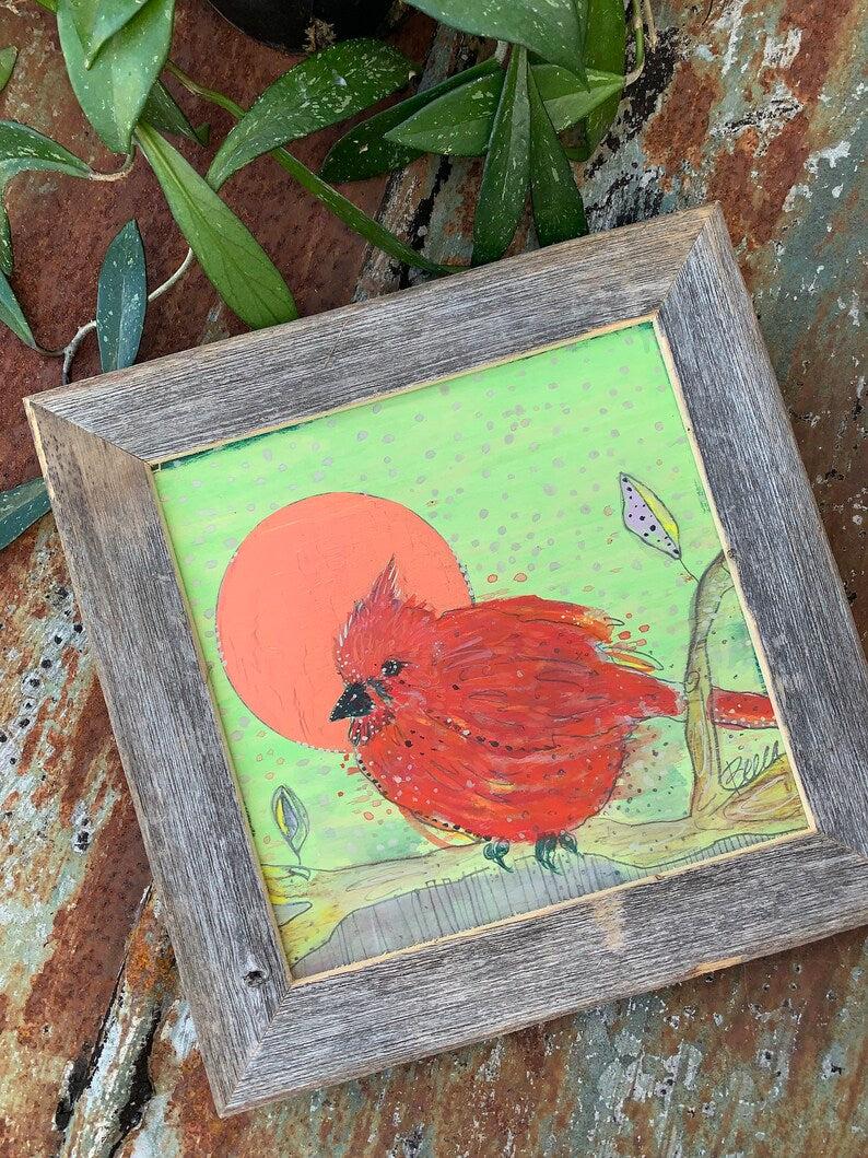 Red Cardinal Spring Copper Moon - Original Painting