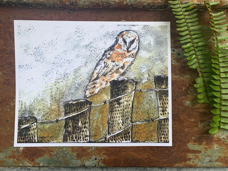 Barn Owl Foggy Mountain Archival Paper Print
