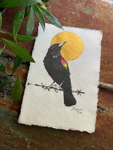 Red Winged Black Bird Golden Moon - Original Painting