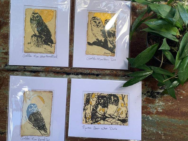 Golden Moon Barn Owl Set of 4 - Original Painting & Print